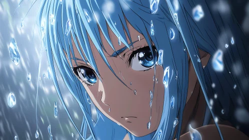 Blue-haired anime girl under rain with intense reflective gaze.