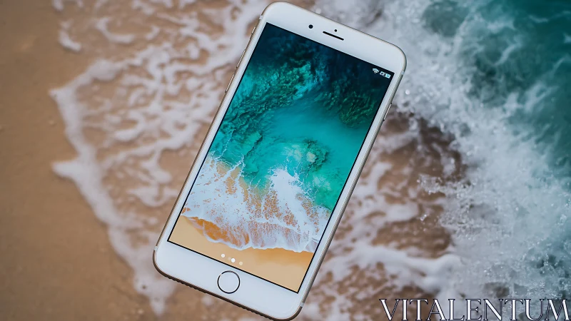 Smartphone floating above shoreline with waves in motion
