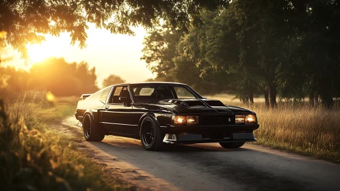 Sunlit muscle car on rustic country lane at golden hour.