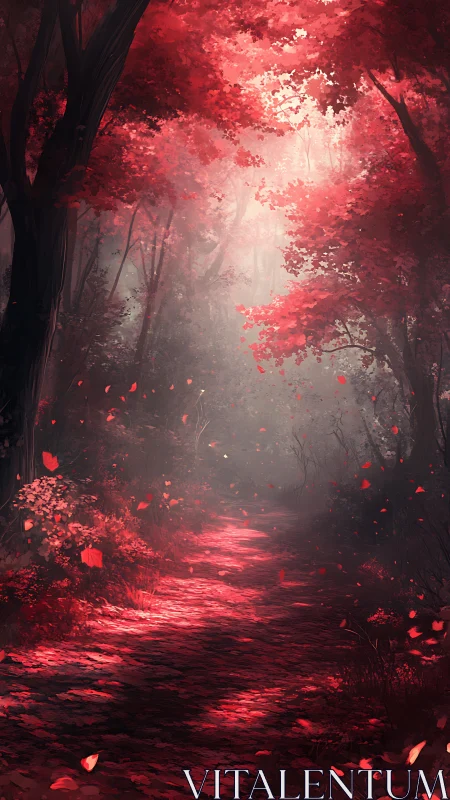 Red autumn forest pathway with glowing foliage and atmospheric mist