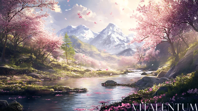 Snowcapped mountains rise above tranquil cherry blossom river