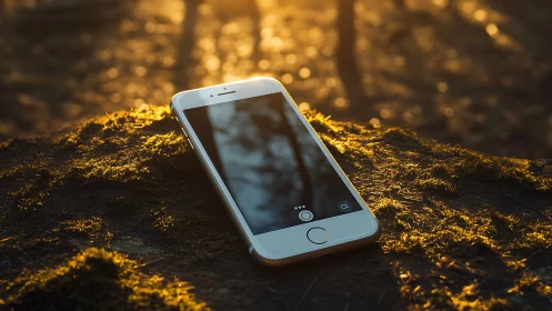 Smartphone on mossy stump in shallow-depth golden hour light.
