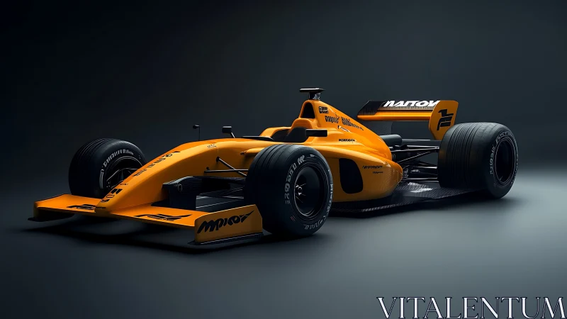 Striking orange Formula race car under dramatic studio light.