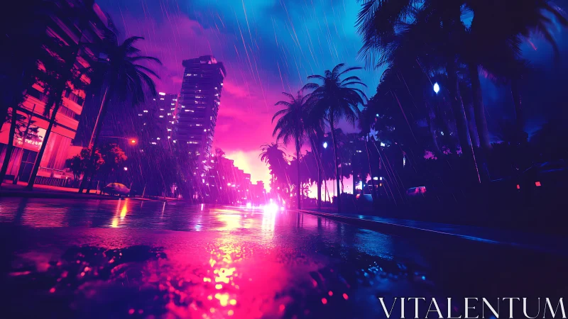 Neon rainstorm over palm-lined cyber city boulevard at dusk.