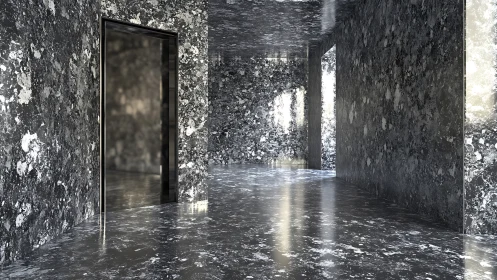 Monolithic granite corridor with reflective architectural surfaces.