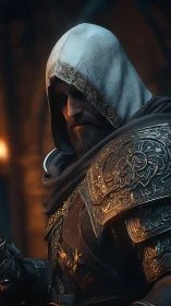 Hooded paladin in gilt lamellar armor under cathedral torchlight.