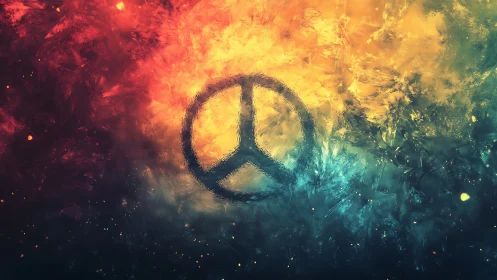 Peace symbol over tri-color textured abstract field.