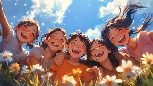 Joyful children share sunlit laughter in wildflower field.