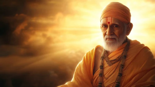 Elderly robed man before bright clouded sky at sunset.