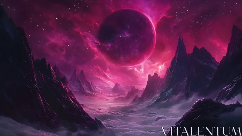 Crimson cosmic valley under a glowing otherworldly moon.