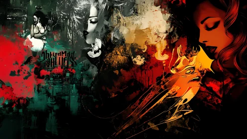 Layered noir female portraits merge with chaotic abstract splatter