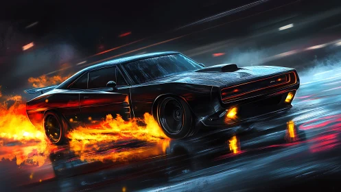 Muscle car drifts on wet night street with blazing flames.