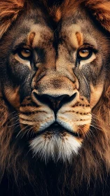 Regal lion portrait shows intense gaze and rich mane detail