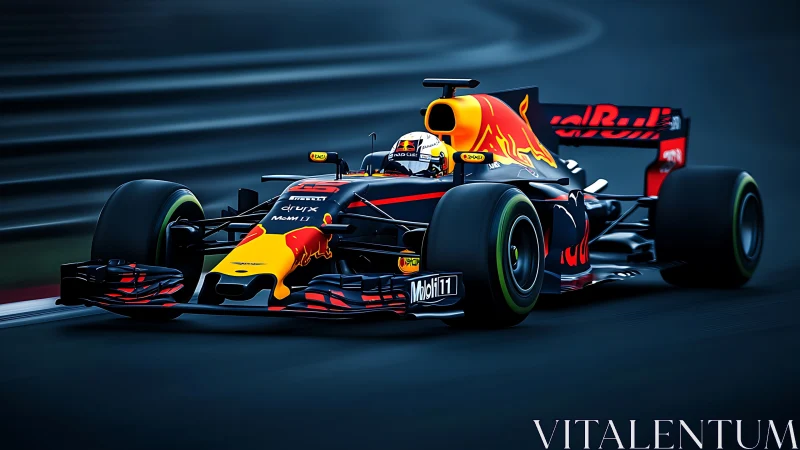 Formula race car on track in dynamic cornering shot.