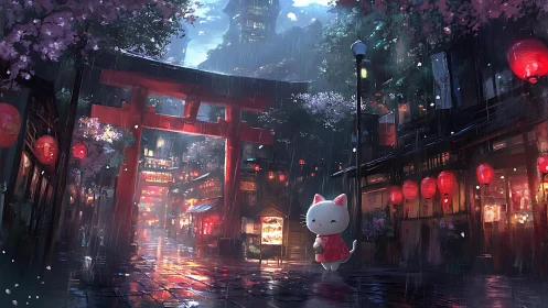 Moonlit neko stroll through rainy lantern-lit shrine street.