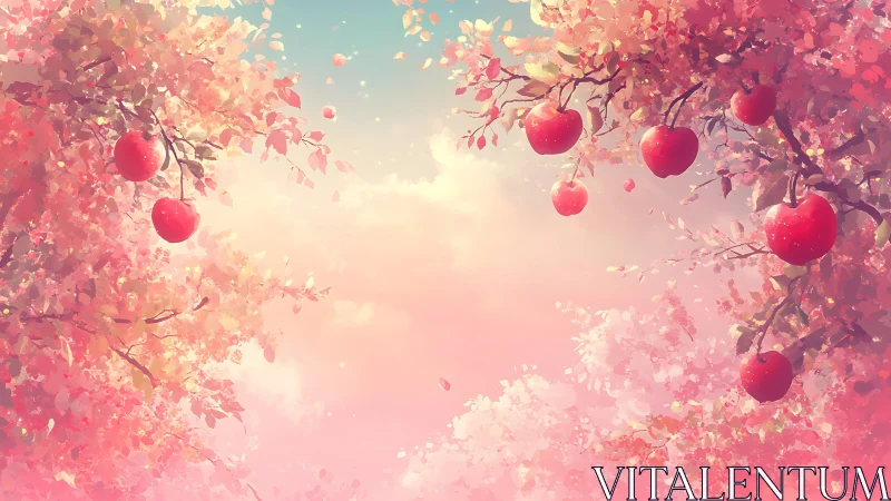 Blossom haze orchard with candy sky and drifting apples.