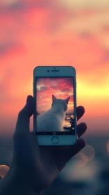 Hand holds smartphone showing white cat against sunset sky