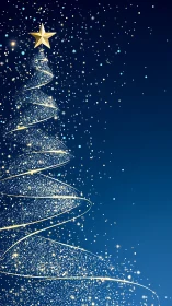 Spiral light Christmas tree forms against deep blue night sky.