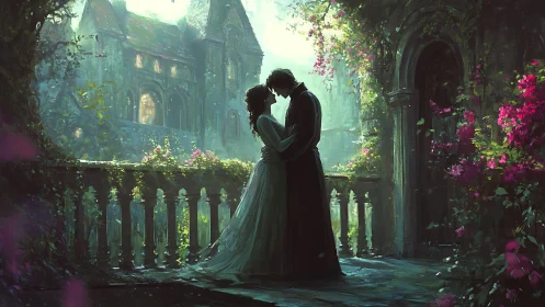 Romantic Embrace in Gothic Ruins with Blooming Wisteria