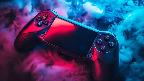 Neon gaming controller floating in vibrant smoke clouds