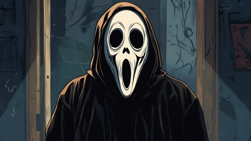 Hooded skull-mask figure framed in cracked doorway at night.