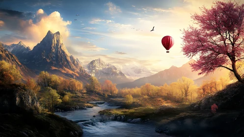 Mountain sunrise landscape with red hot air balloon drifting.