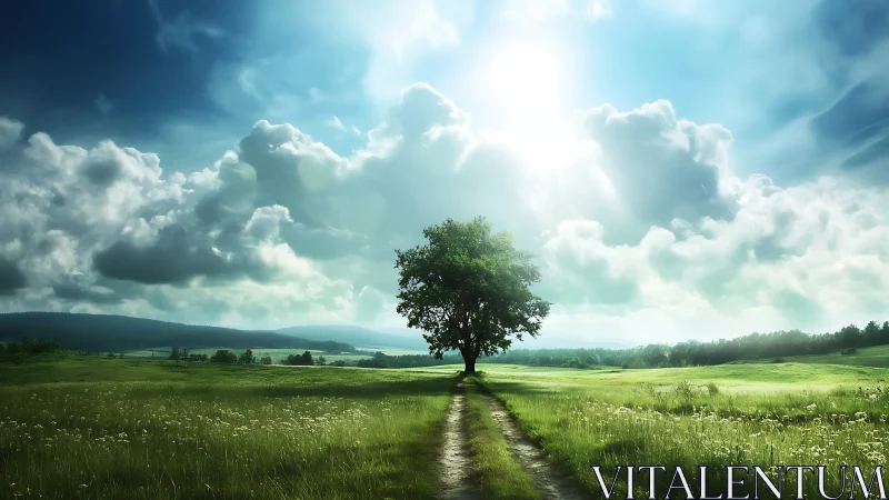 Solitary deciduous tree on rural dirt track under backlit sky