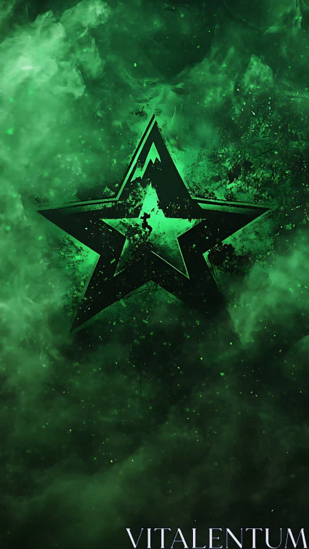 Grunge fractal star emblem within emerald vapor field.