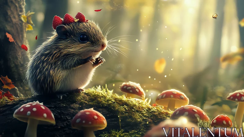 Backlit forest rodent with berries amid luminous toadstools