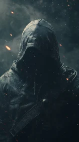 Hooded shadow figure in sparks and smoke atmosphere.