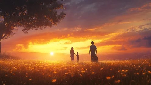 Backlit family silhouettes crossing luminous wildflower field.