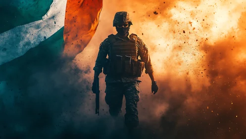 Soldier silhouette advances amid dense smoke and tricolor flag
