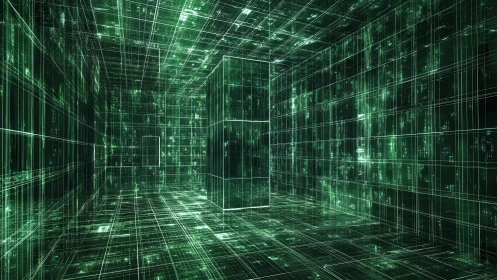 Futuristic digital grid room with neon green matrix lines in 3D style.