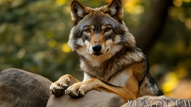 Calm wolf resting on rocks in soft forest sunlight.
