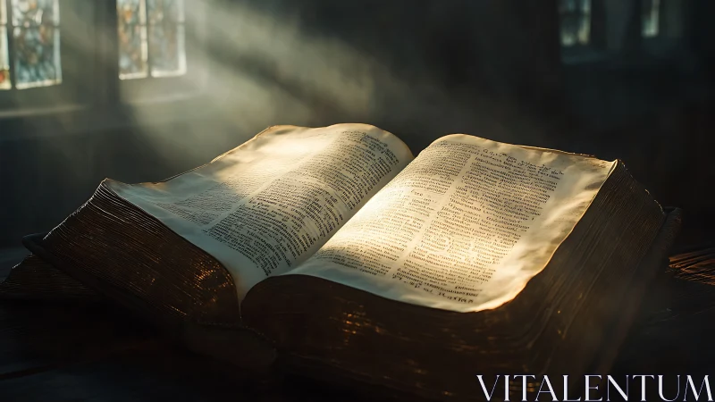 Dusty cathedral sunlight turns an ancient open book to gold