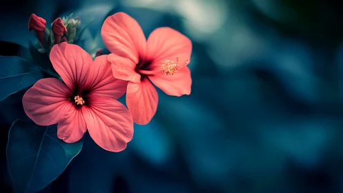 Coral Hibiscus Blooms Against Deep Teal Background.