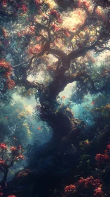 Enchanted ancient tree under luminous forest canopy.