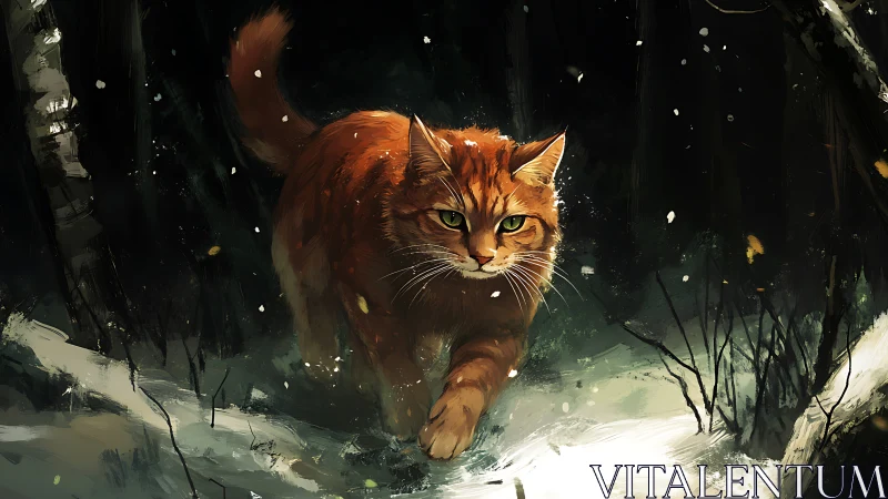 Predatory ginger feline traversing high-contrast winter understory.