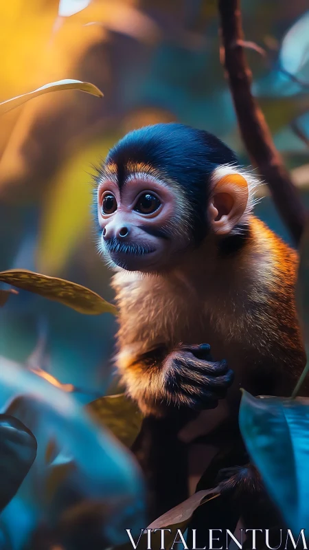 Photorealistic portrait of juvenile monkey in vivid jungle light.