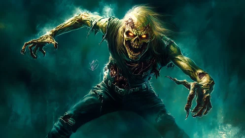 Haunting undead creature lunges from glowing green mist.