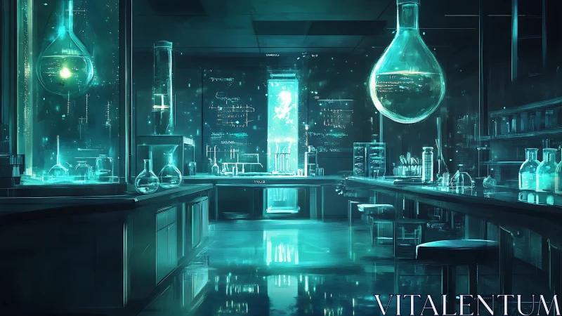 Futuristic neon laboratory glows with suspended glass flasks