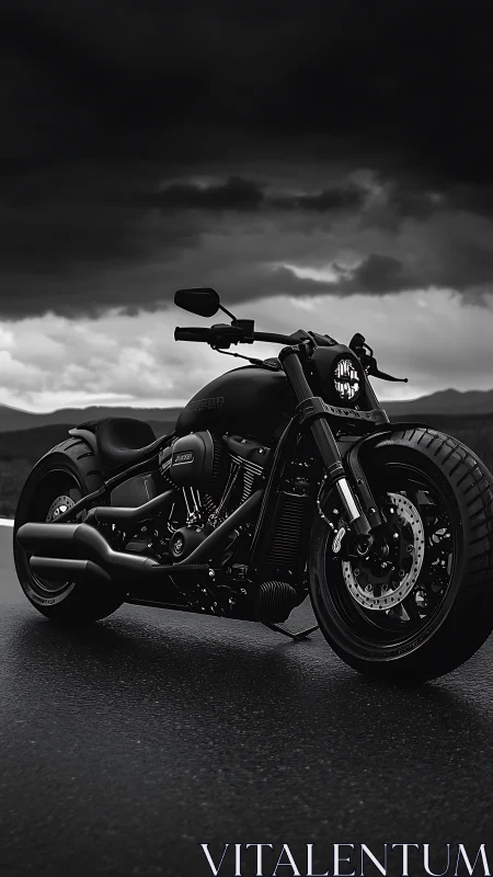 Black custom cruiser motorcycle on wet open roadway.