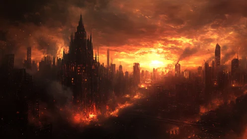 Thermal collapse of neo-gothic megacity under infernal sky.