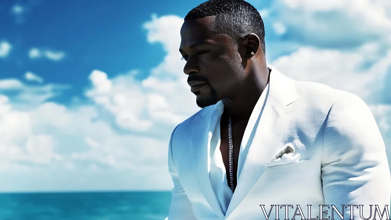 Man in white suit standing by ocean under bright sky.