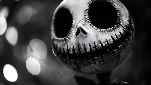 Playfully spooky skull character in dreamy monochrome light.