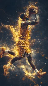 Kinetic flame-trail basketball leap rendered in photonic detail.