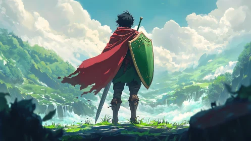 Armored figure observes expansive valley landscape from cliff edge