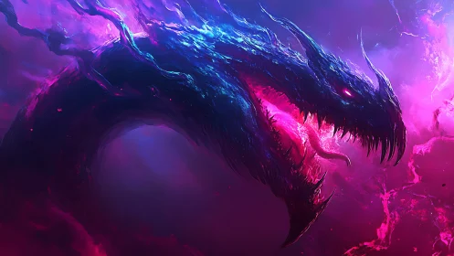 Cosmic dragon coils through neon stormlight and shadow glow