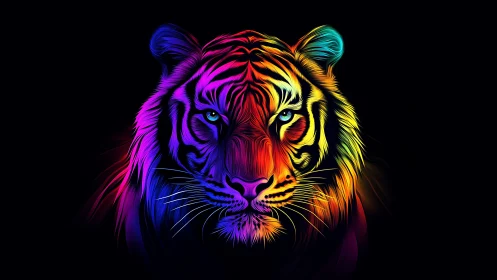 Neon spectral tiger portrait with multicolor gradient fur on black