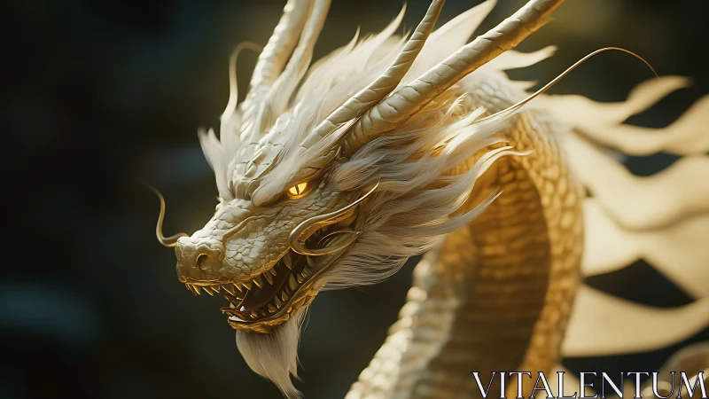 Golden Eastern dragon snarls in dramatic cinematic light.
